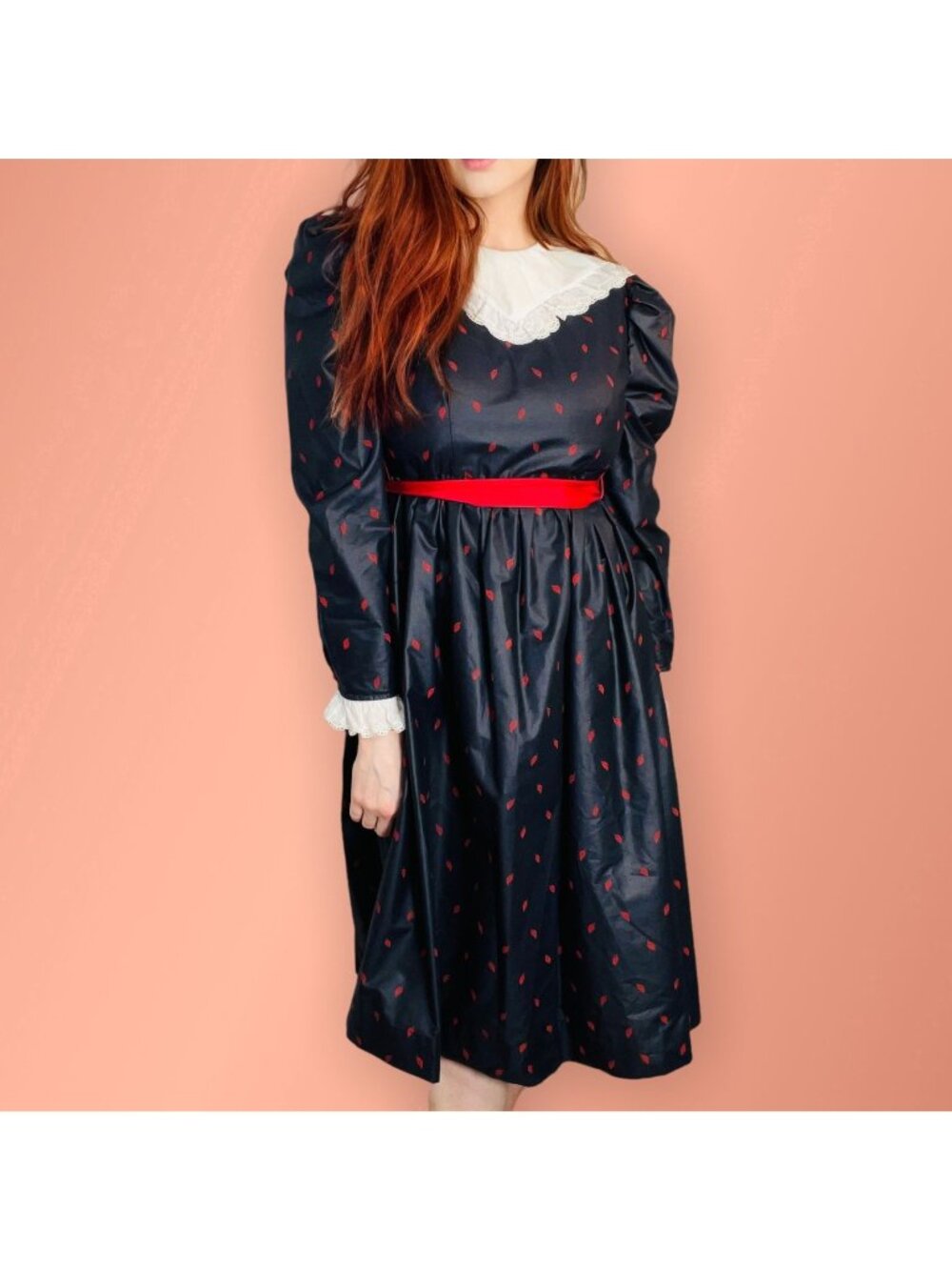 Vintage  Dark Navy Leaf Print Lace Collar Dress Girls 12 - 14 / Women's XXS - XS